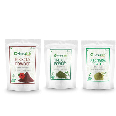 HENNAHUB HIbiscus, Indigo and Bhringraj powder 200g x 3 pack | Organic Hair care Combo Pack | Total 600 gm