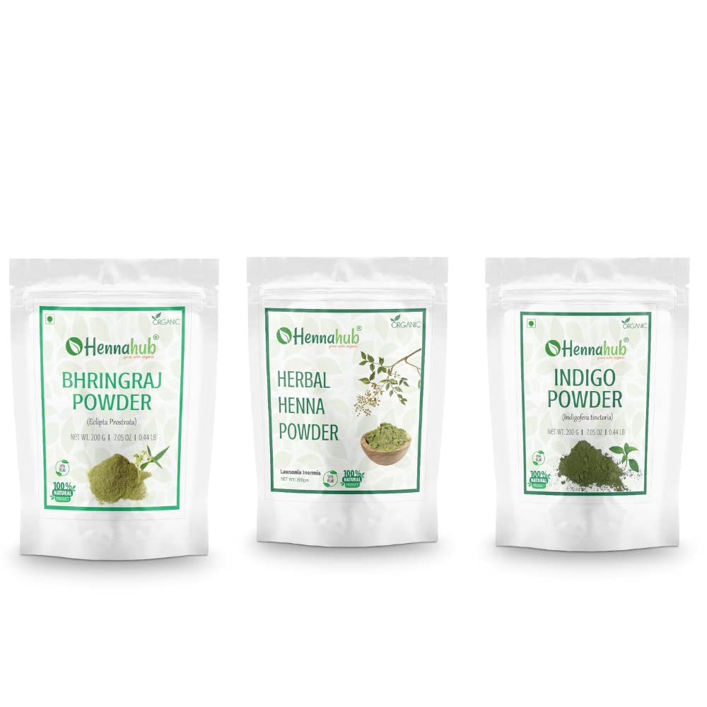 HENNAHUB Bhringraj, Herbal Henna and Indigo powder 200g x 3 pack | Organic Hair care Combo Pack | Total 600 gm