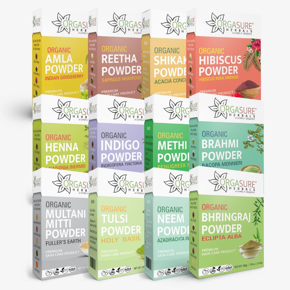 Amla, Reetha, Shikakai, Bhringraj Hibiscus, Methi, Henna, Indigo, Neem, Brahmi, Multani Mitti, Tulsi Powder with IRON BOWL (Combo pack of 12) (1400g)