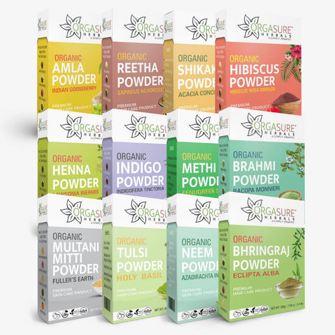 Amla, Reetha, Shikakai, Bhringraj Hibiscus, Methi, Henna, Indigo, Neem, Brahmi, Multani Mitti, Tulsi Powder with IRON BOWL (Combo pack of 12) (1400g)