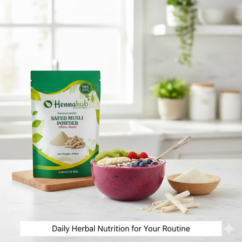 Hennahub Safed Musli Powder (Food Grade) 100gm Pack | 100% Pure Chlorophytum borivilianum Root Powder | Natural Plant-Based Ingredient for Smoothies, Milk & Herbal Drinks