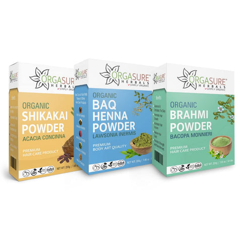 ORGASURE Shikakai, BAQ Henna and Brahmi powder 200g x 3 pack | Natural Hair care pack | Total 600 gm
