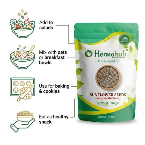 Hennahub Premium Sunflower Seeds 100g | Raw & Unroasted | Vitamin E, Protein & Fibre-Rich Superfood | Healthy Snacking, Baking, Salads & Breakfast Toppings | Gluten-Free Edible Seeds
