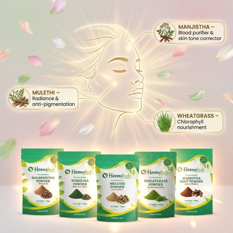 Hennahub Advanced Skin & Blood Detox Combo | Manjistha, Mulethi, Nagarmotha, Wheatgrass & Spirulina Powder | Pack of 5 × 100g | Skin Glow, Detox Cleanse, Immunity & Daily Nutrition | Ayurvedic Purifying Blend