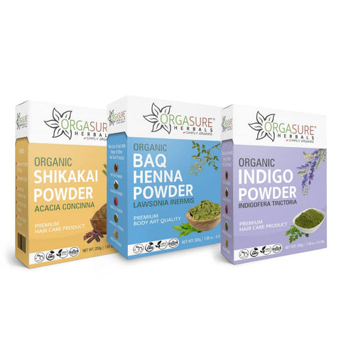 ORGASURE Shikakai, BAQ Henna and Indigo powder 200g x 3 pack | Organic Hair care Combo Pack | Total 600 gm