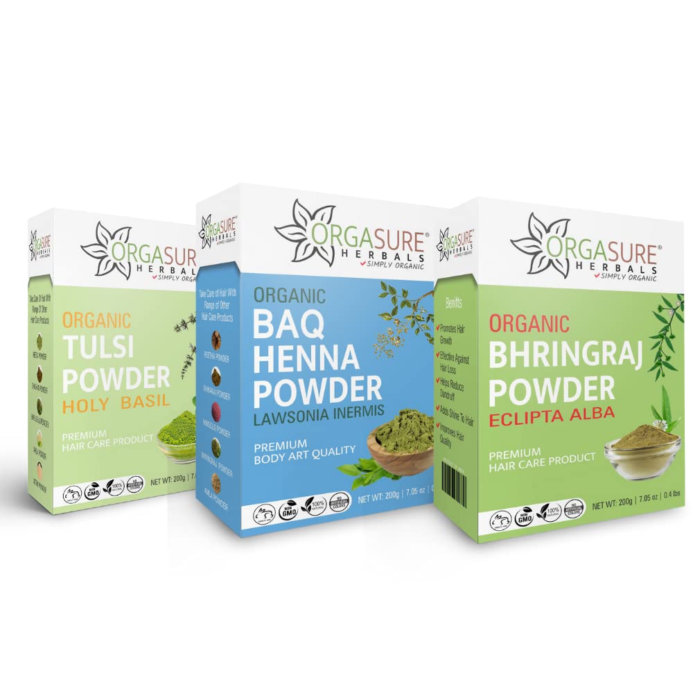 ORGASURE Tulsi, BAQ Henna and Bhringraj powder 200g x 3 pack | Natural Hair care pack | Total 600 gm
