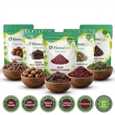 Hennahub Complete Hair Care Raw Herb Combo | Amla, Reetha, Shikakai, Hibiscus & Bhringraj | Pack of 5 × 100g | Traditional Hair Wash, Hair Growth, Anti-Dandruff & Natural Shine | 100% Raw Herbs