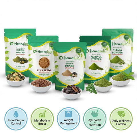 Hennahub Complete Sugar Care Combo | Jamun Powder, Karela Powder, Moringa Powder, Flax Seeds & Stevia (Powder | Pack of 5 | Blood Sugar Management, Metabolism & Weight Control | Ayurvedic Daily Support