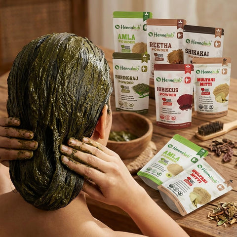Hennahub Premium Hair Care Powder Combo Pack of 6 (600gm) | Amla, Reetha, Shikakai, Hibiscus, Bhringraj & Multani Mitti | Double Filtered 100gm Each | 100% Natural Herbal Hair Wash & Hair Mask with brush, gloves, shower cap