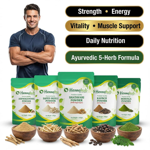 Advanced Men’s Performance Combo | Ashwagandha, Safed Musli, Shatavari, Kaunch Beej & Moringa Powder | Pack of 5 x 100g