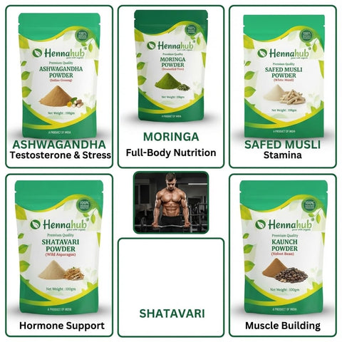 Advanced Men’s Performance Combo | Ashwagandha, Safed Musli, Shatavari, Kaunch Beej & Moringa Powder | Pack of 5 x 100g