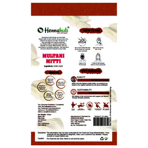 Hennahub Premium Multani Mitti for Face and Skin care | Fullers Earth 100gm